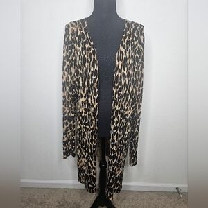 Halogen Linen Blend Leopard Animal Print Long Sleeve Open Front Duster Cardigan